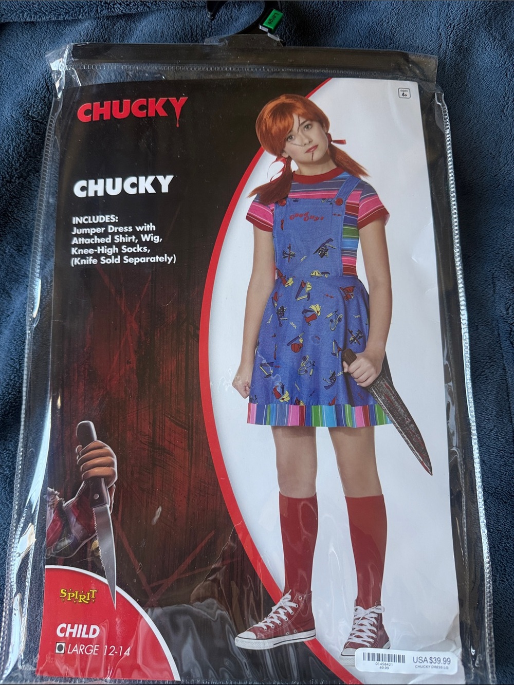 Spirit Chucky Girls' Blue Jumper Dress Costume with Red Wig and Accents